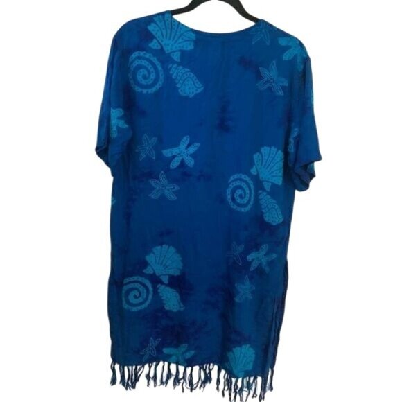 Blue Seashell Pattern Rayon Kaftan With Fringe Hem  Resortwear  S - Picture 3 of 6